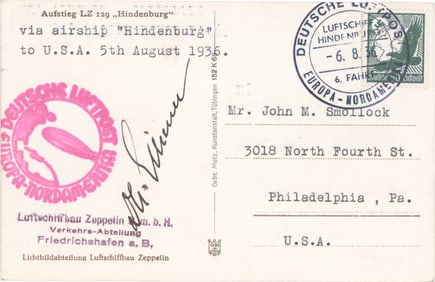 FLOWN HINDENBURG POSTCARD WITH ECKNER SIGNATURE