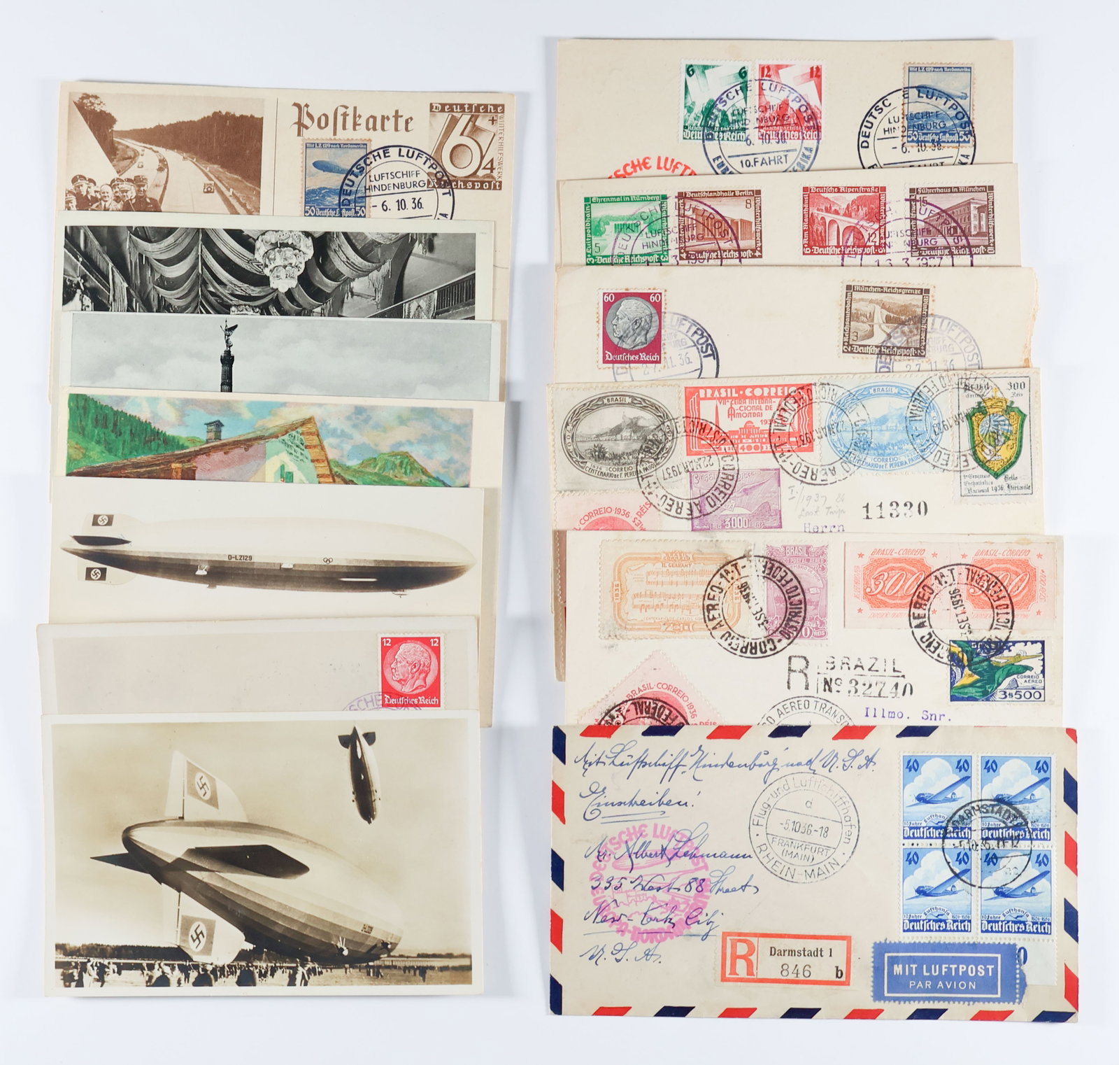 FLOWN HINDENBURG COVERS AND POSTCARDS (13): A collection of 13 covers and postcards that were flown on the ill-fated airship Hindenburg. Includes: a postcard showing the Hindenburg send on the trip from Frankfurt to Lakehurst on Oct. 10, 1936, 