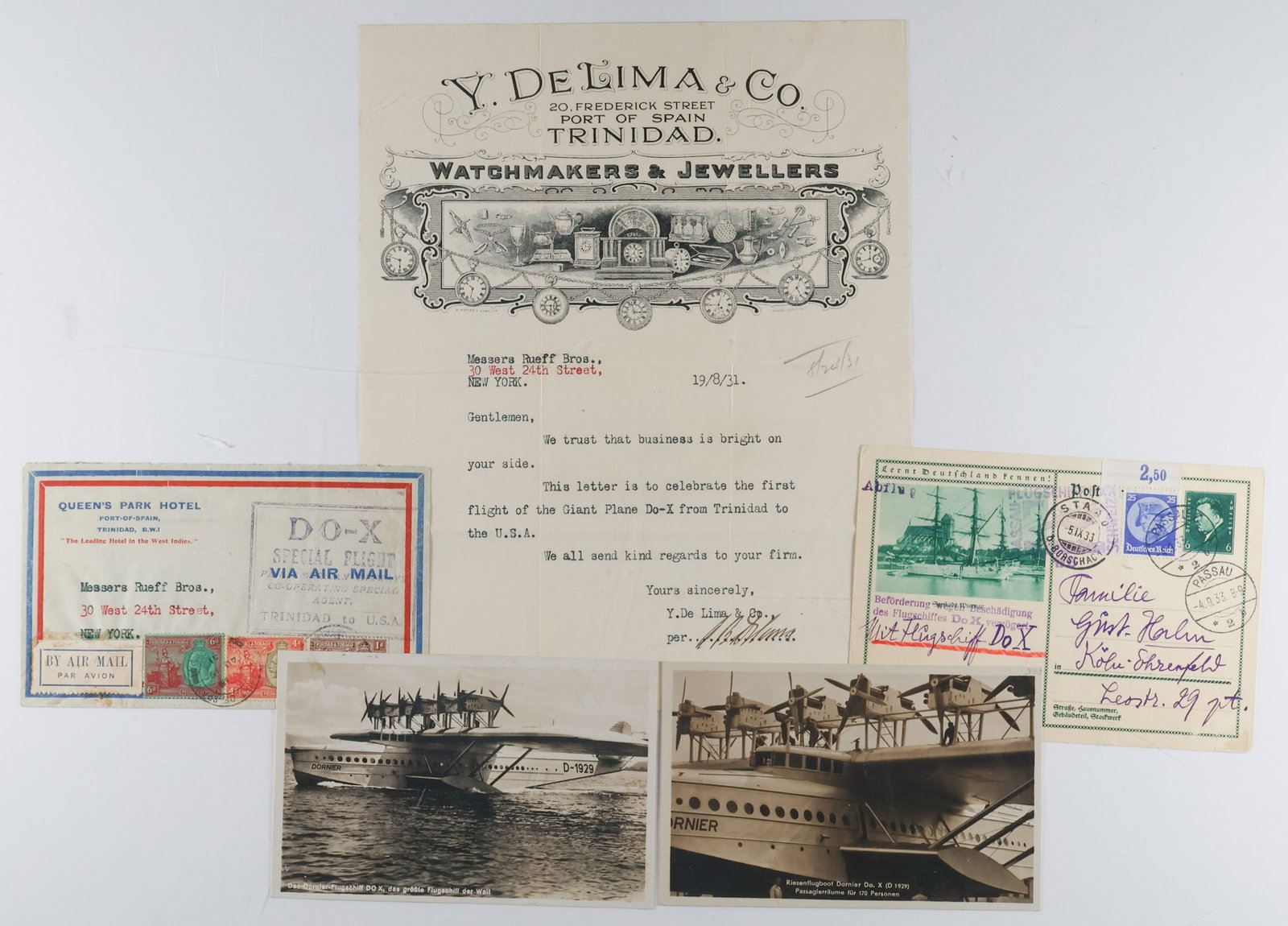 (POSTAL HISTORY) DORNIER DO-X FLOWN COVERS (4): Fine lot of four flown DO-X postal covers, includes: 1933 Frost 17bb; 1931 Frost 8Ib; July 25, 1932 Frost 11c; and Sep. 5, 1932 Frost 17Bb. The Dornier Do X was the largest, heaviest, and most powerfu