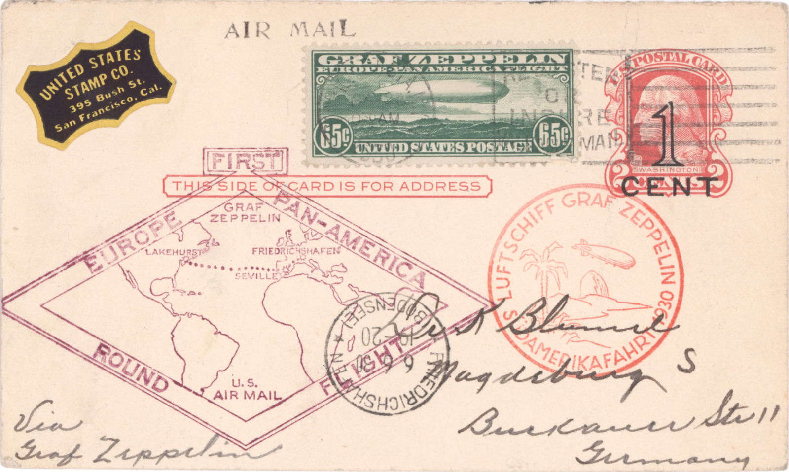 (GRAF ZEPPELIN) FIRST FLIGHT FLOWN POSTCARD, 1930 (1 of 2)