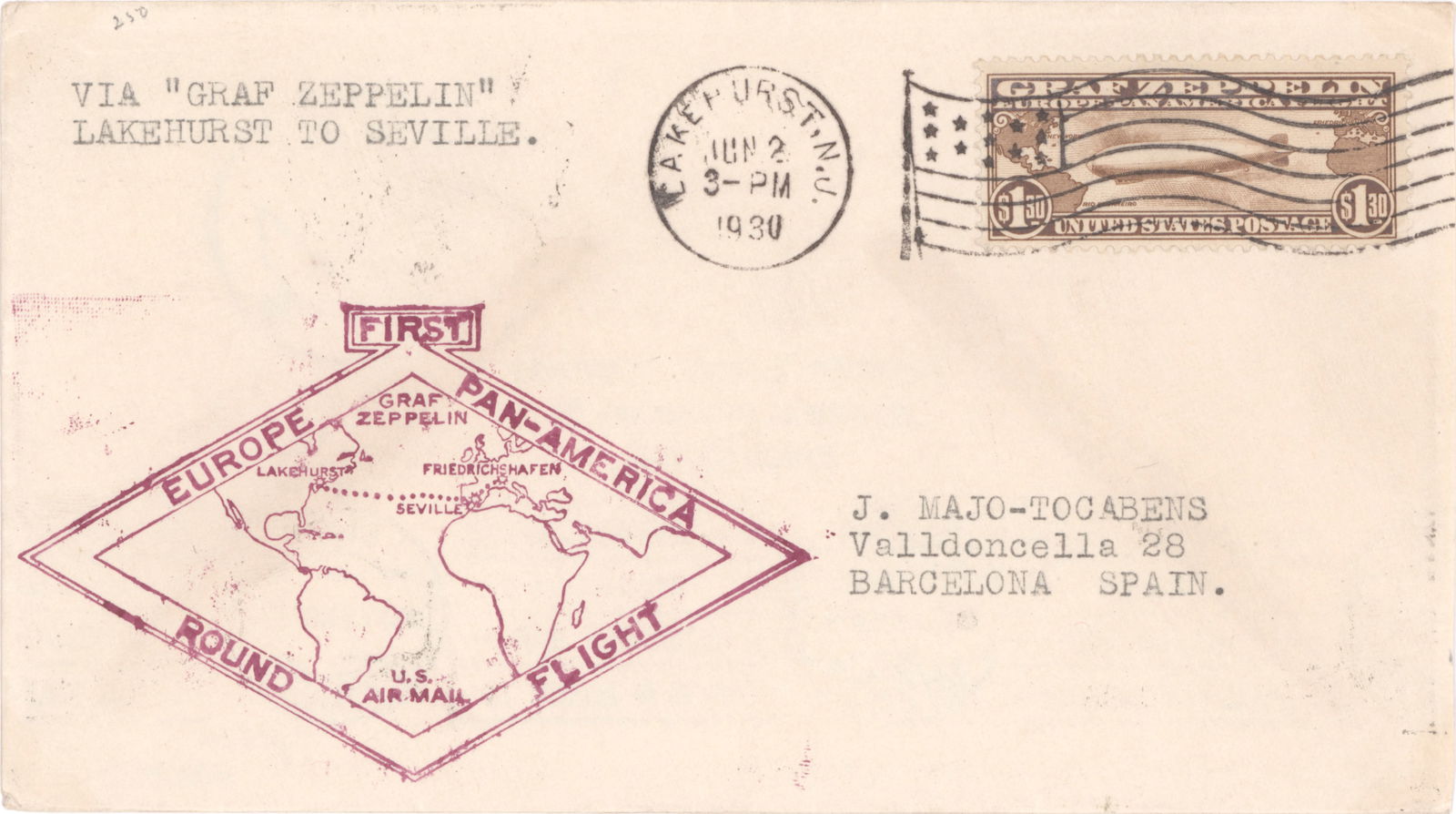 (GRAF ZEPPELIN) FIRST FLIGHT FLOWN COVER, 1930 (1 of 2)
