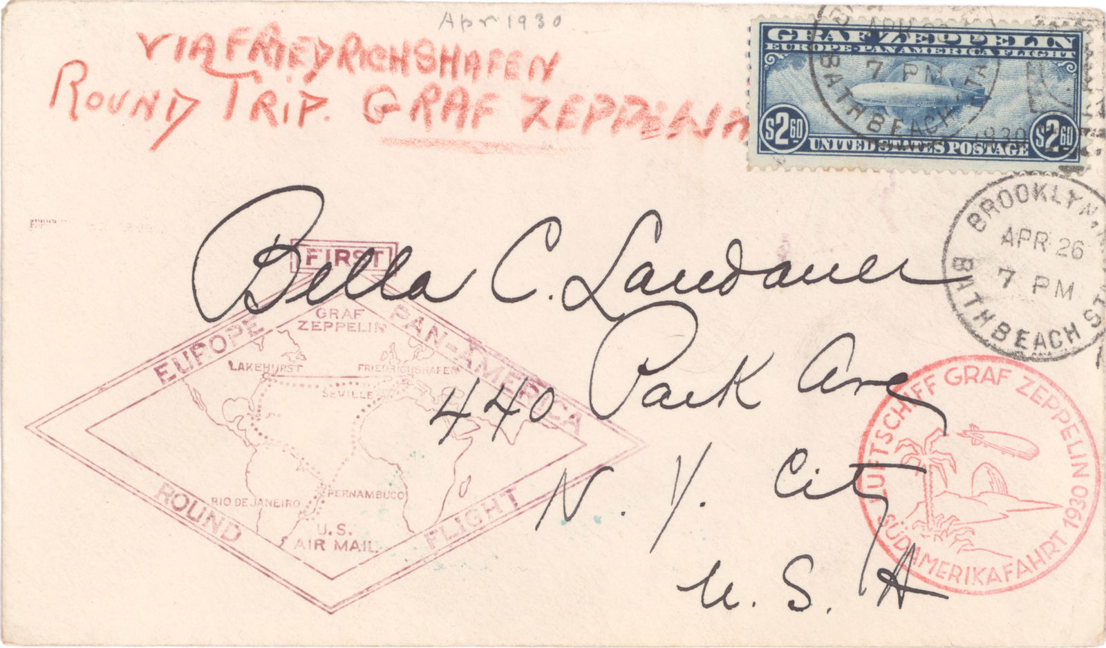 (GRAF ZEPPELIN) FIRST FLIGHT FLOWN COVER, 1930 (1 of 1)