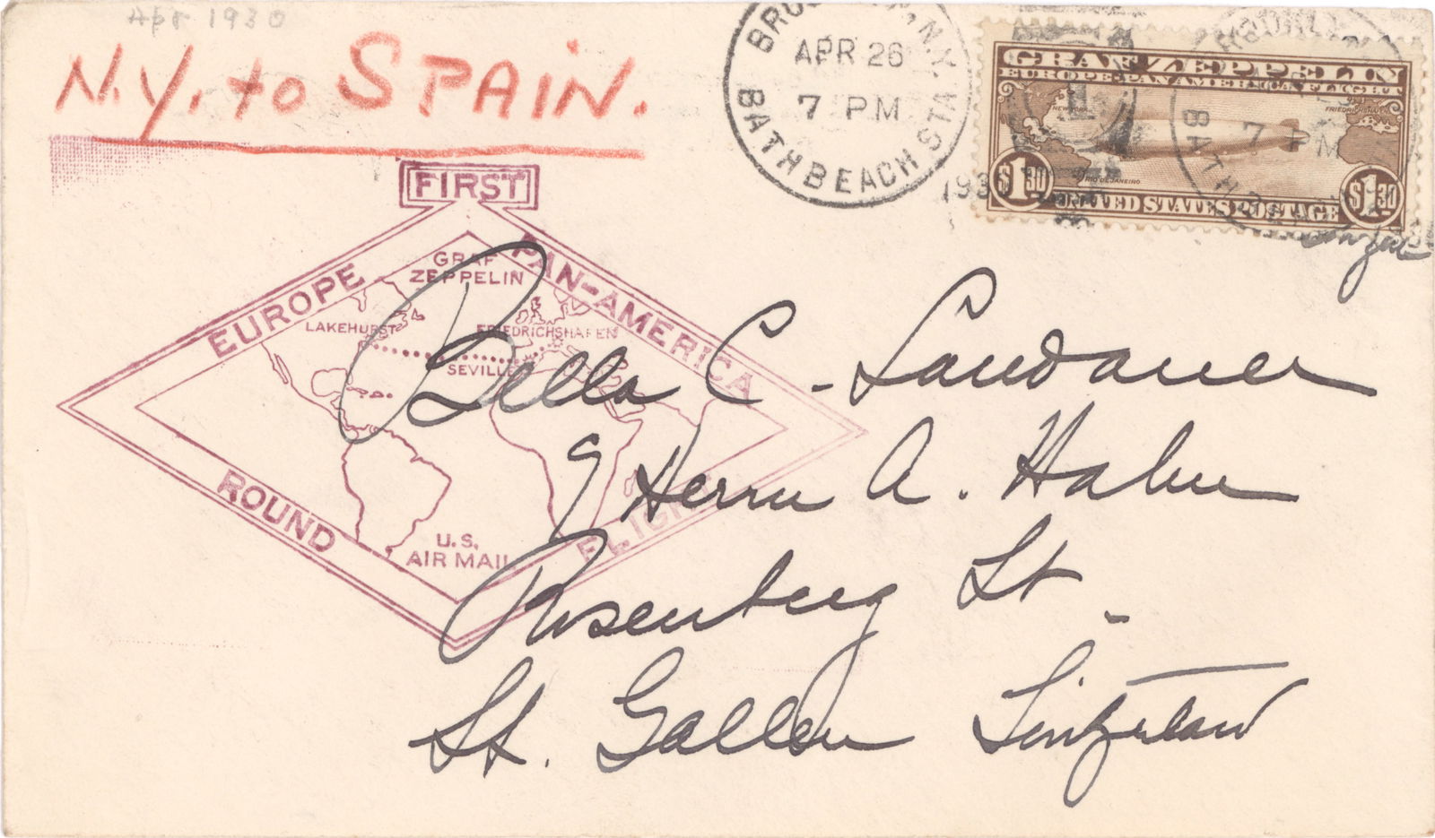 (GRAF ZEPPELIN) FIRST FLIGHT FLOWN COVER, 1930 (1 of 1)