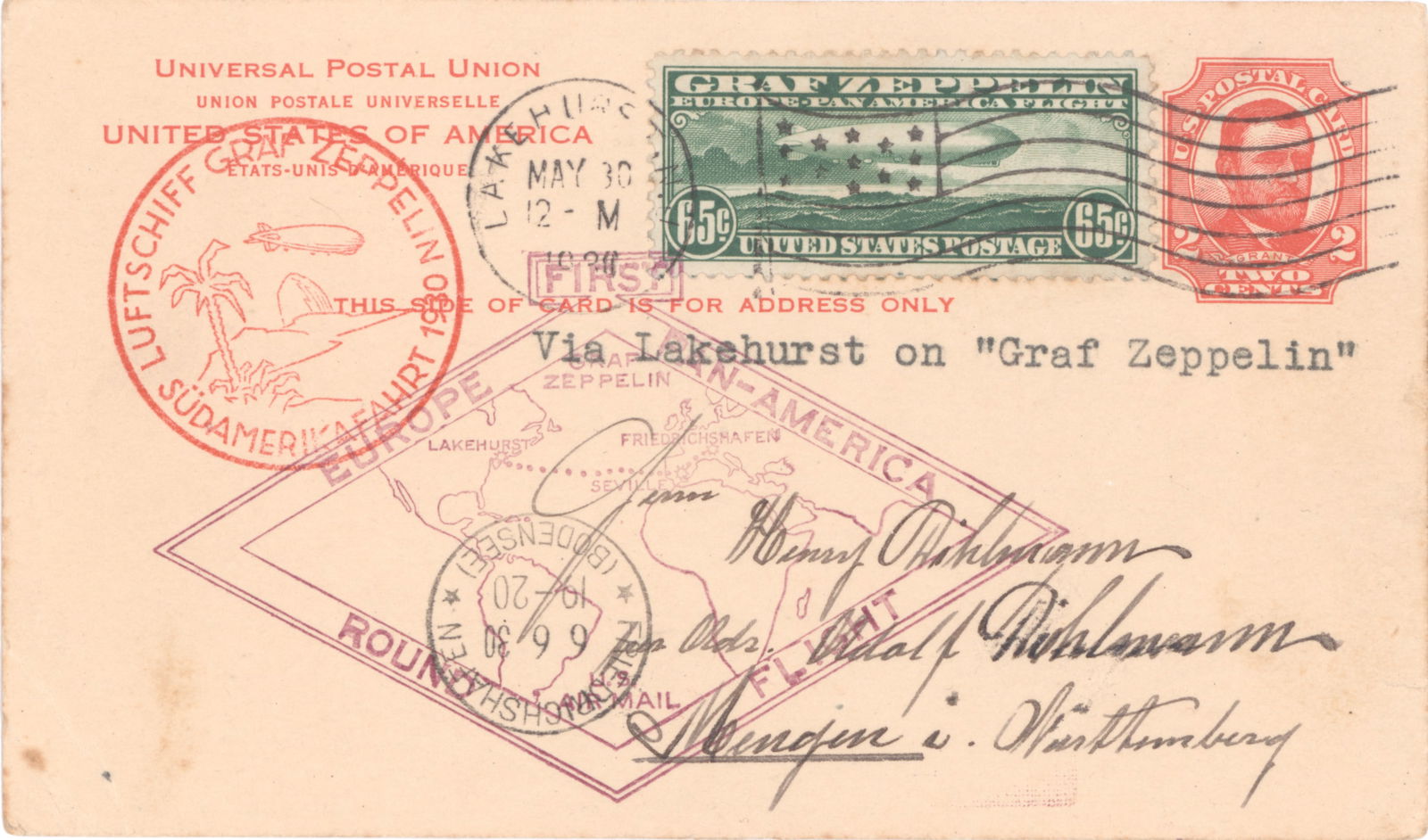 (GRAF ZEPPELIN) FIRST FLIGHT FLOWN POSTCARD, 1930 (1 of 1)