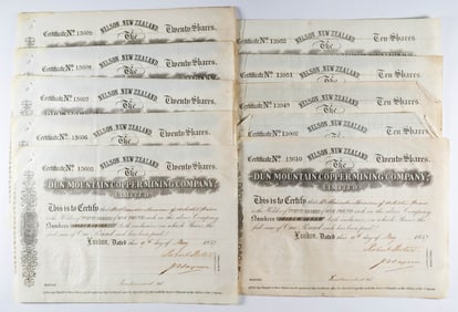 DUN MOUNTAIN COPPER MINING COMPANY STOCK CERTIFICATES (10)