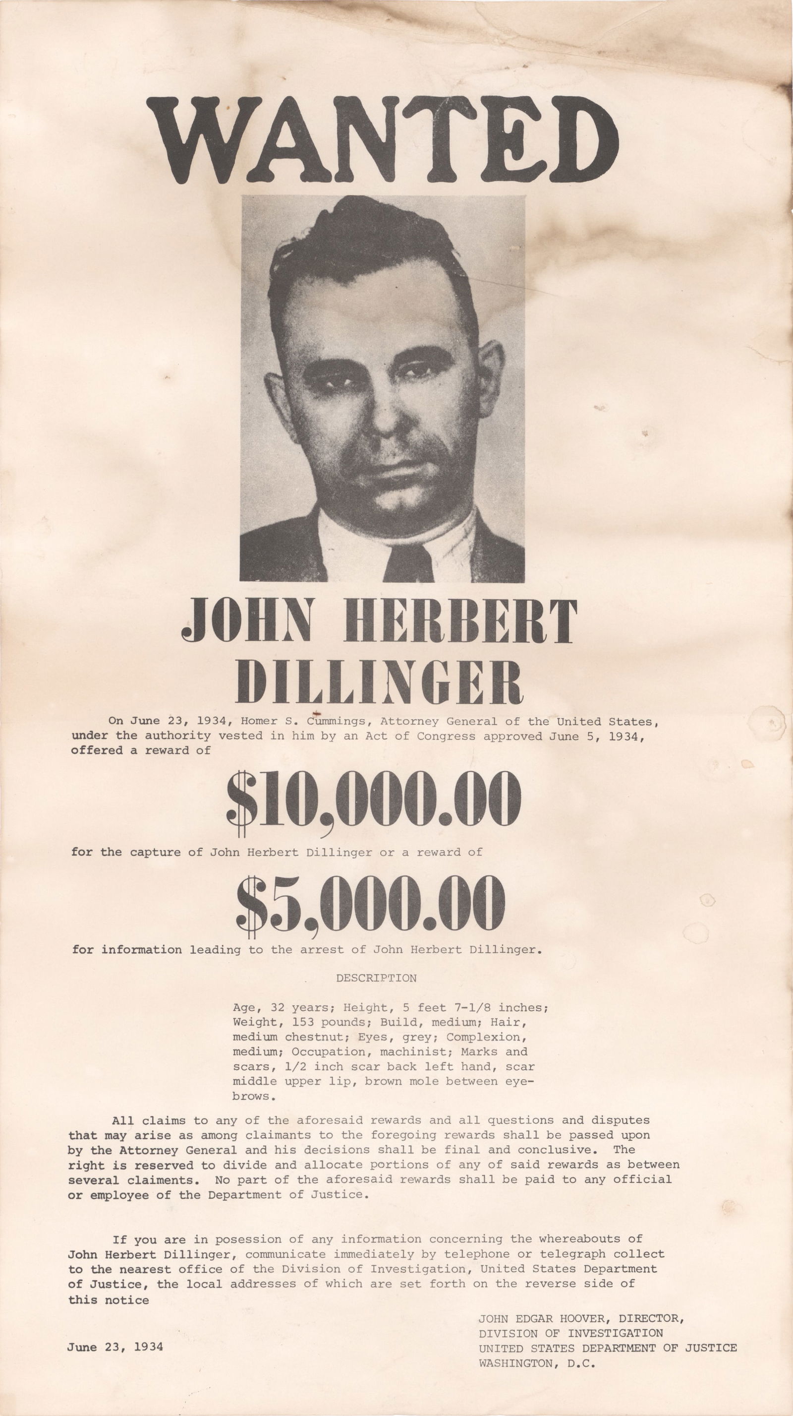 JOHN DILLINGER WANTED POSTER (1 of 1)