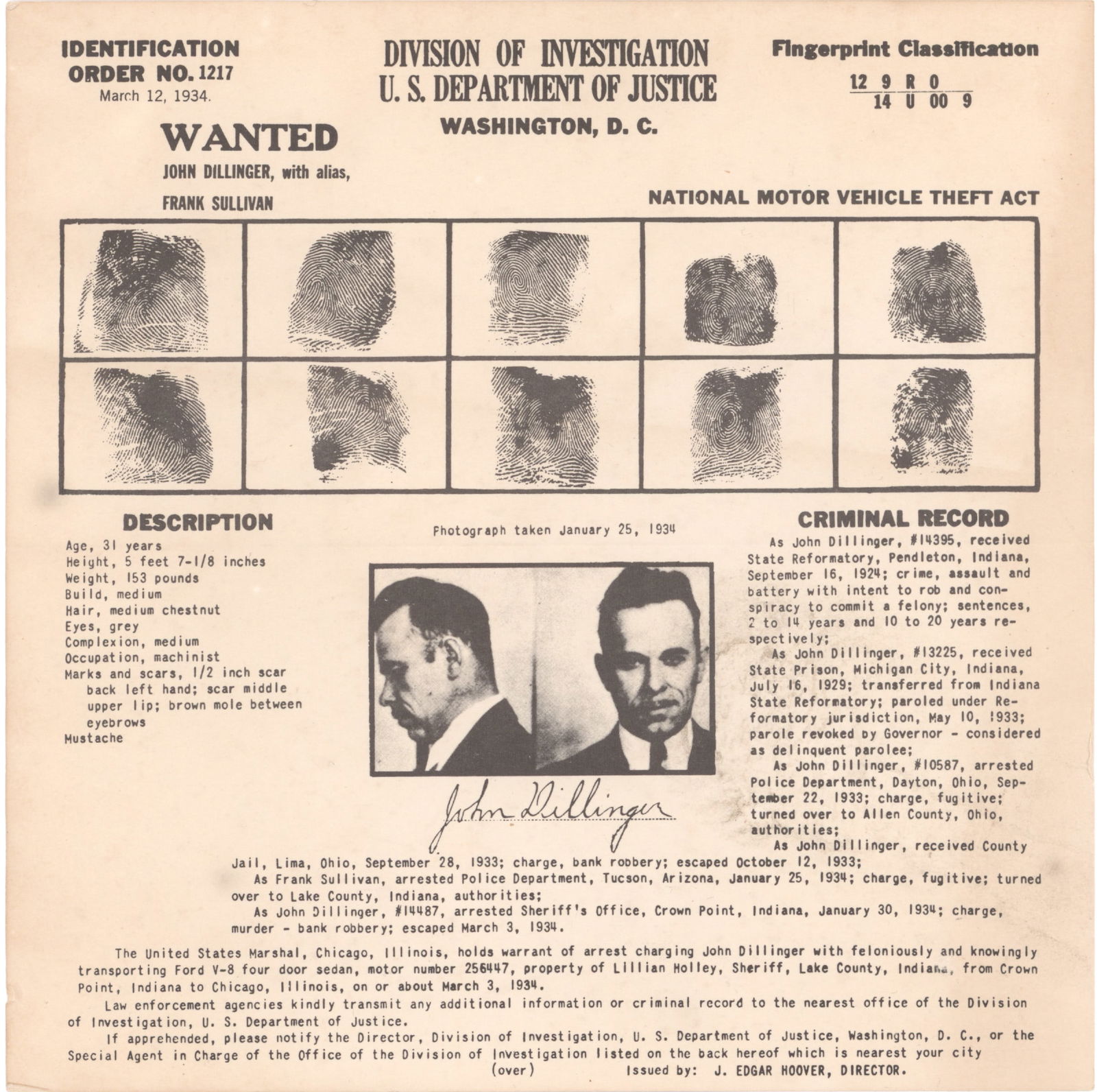 JOHN DILLINGER WANTED POSTER (1 of 3)