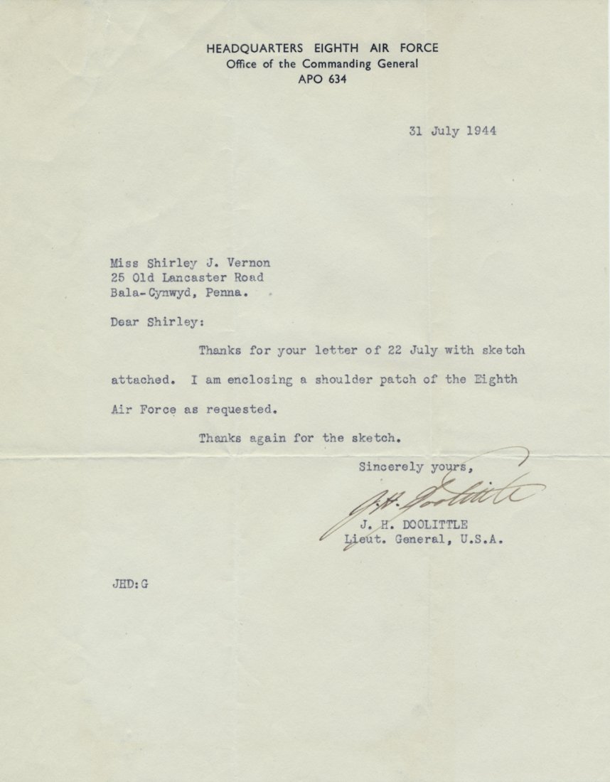 JAMES H. DOOLITTLE: (1896 - 1993) American aviator who gained fame both as a racing pilot and as leader of the first air raid on Tokyo during World War II. War-date T.L.S. 1p. 8vo., July 31, 1944, on letterhead of the "H