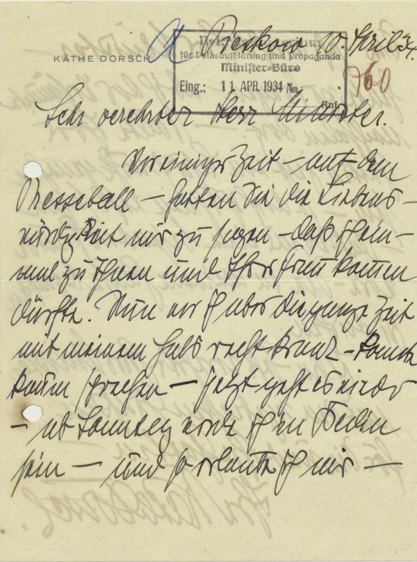 KAETHE DORSCH: (1890 - 1957) Prominent German film actress, a protege and childhood friend of Hermann Goering. Fine association A.L.S. on her letterhead, 2pp. 8vo., Apr. 10, 1934 to Minister of Propaganda JOSEPH GOE