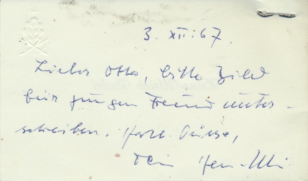 HANS ULRICH RUDEL: (1916-1982) Stuka dive-bomber pilot during World War II, the most highly decorated German serviceman of the war. A.N.S. "Hans Ulrich" on the verso of his calling card, [n.p.], dec. 3, 1967 in German t