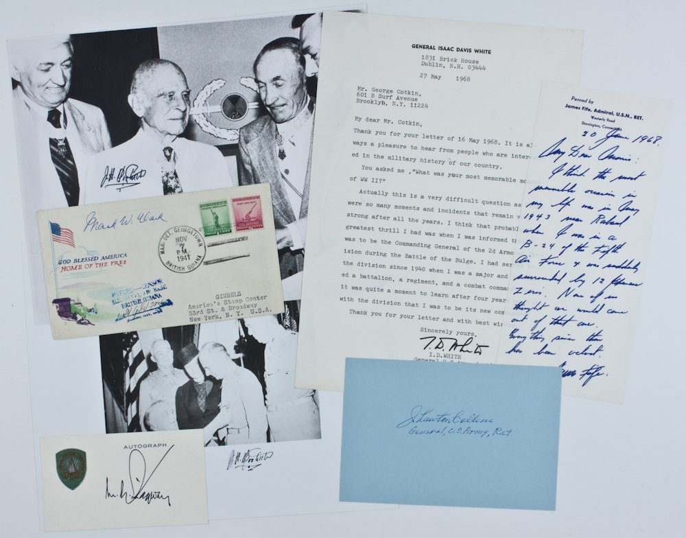 WORLD WAR II COMMANDERS: A group of seven pieces by notable military leaders in various formats (noted), includes: MATTHEW RIDGWAY (signature on embossed autograph card); JAMES FIFE (A.L.S. 1968, in part: "...the most memorab