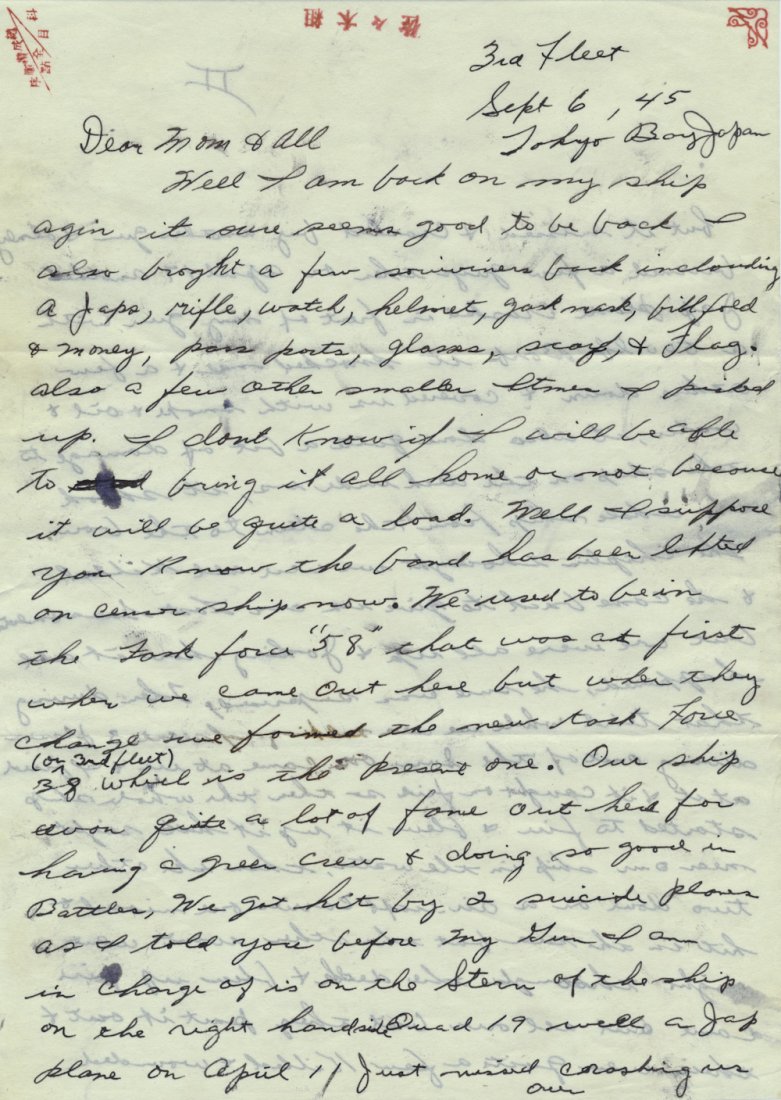 SOLDIER'S LETTER FROM TOKYO BAY, 1944: An A.L.S. of W. M. Borwassa, 11th Div. USS Missouri, 4pp. 4to., Tokyo Bay, Sept. 6, 1945, to his parents in Michigan. Spelling not corrected, he writes in part: "...Well I am back on my ship agin it s