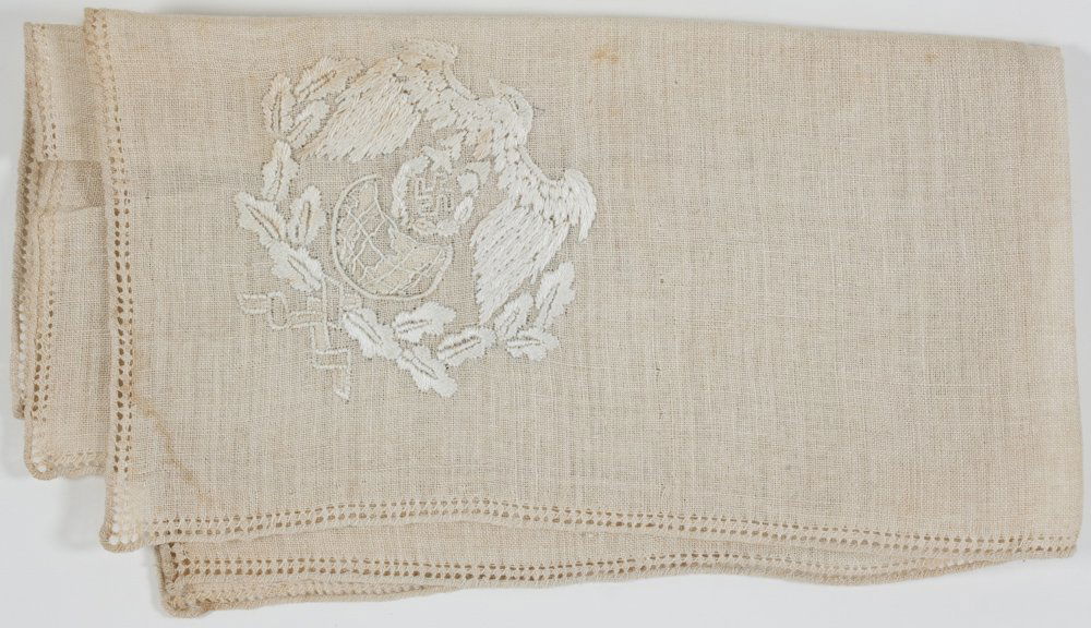 JOACHIM VON RIBBENTROP NAPKIN: JOACHIM VON RIBBENTROP (1893 - 1946) Nazi foreign minister. First of the Nuremberg defendants to hang on October 16, 1946. A fine von Ribbentrop relic, an embroidered cream-colored linen napkin once o
