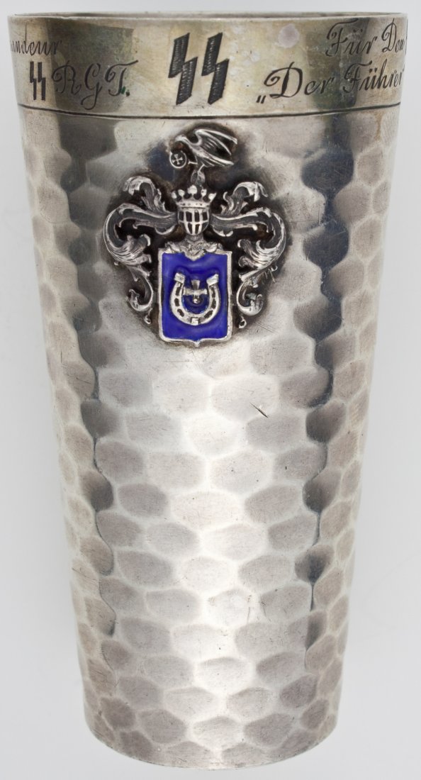 WAFFEN-SS LEIBSTANDARTE "ADOLF HITLER" PRESENTATIO: A fine silver presentation goblet presented to Otto Kumm, the man who would command the Liebstandarte Adolf Hitler in desperate defensive actions in Russia and Hungary at war's end. The hammered cup s