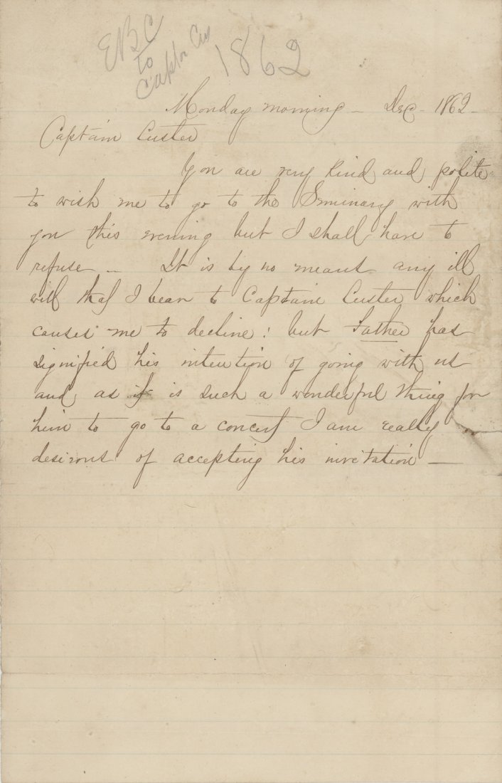 ELIZABETH CUSTER: (1842 - 1933) American author, wife of George Armstrong Custer, Union brigadier general killed at the Battle of Little Big Horn. Rare early A.L. (unsigned), 1p. 8vo., Monroe, December, 1862 to her fut
