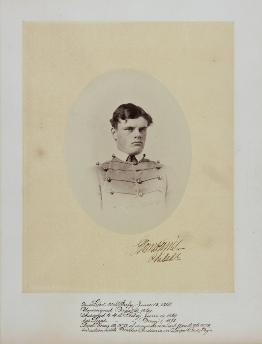 WEST POINT OFFICER KIA MODOC WAR: A scarce S.P., an oval mounted albumen 4 1/2" x 6" sepia of a West Point officer,United States Army Officer. An 1868 graduate of the United States Military Academy at West Point, New York, he was comm