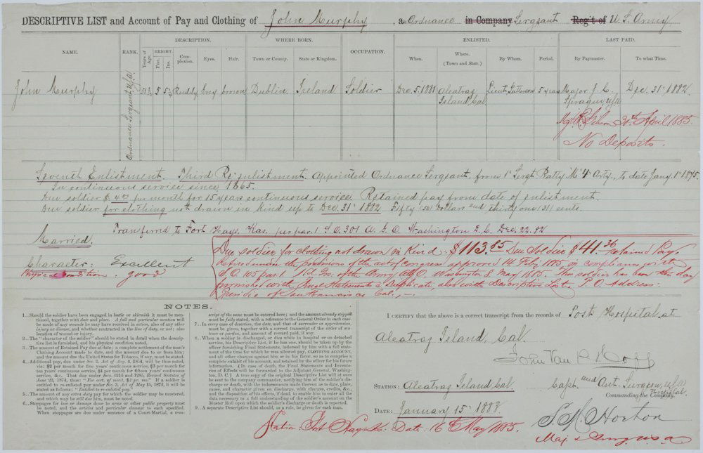 ALCATRAZ: A very rare partly-printed D.S. 1p. oblong folio (16" x 20"), Alcatraz Island, Jan. 15, 1883, a "Descriptive List and Account of Pay and Clothing and Ordnance Sergeant U.S. Army" for one John Murphy w