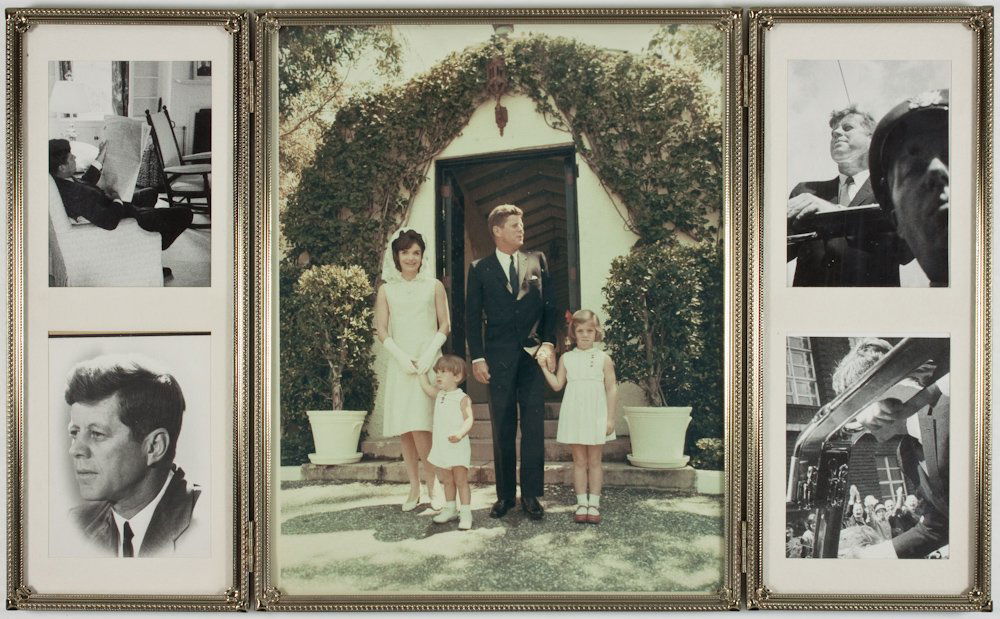 JOHN F. KENNEDY ORIGINAL PHOTOGRAPHS: A group of five original photographs, one 8" x 10" color and showing the First Family coming out of church; the other four are 3" x 4" b/w [sight], and show Kennedy in the Oval Office reading a newspa