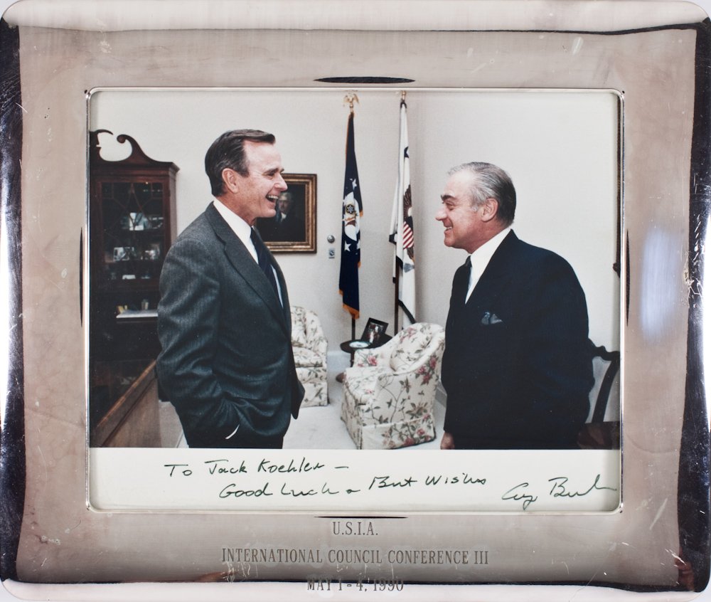 GEORGE H. BUSH: (b. 1924) Forty-first President of the United States who ordered the attack on Iraq to liberate Kuwait. I.S.P. as President, 10" x 8" color, shows him greeting ex-CIA operative and Reagan Director of 