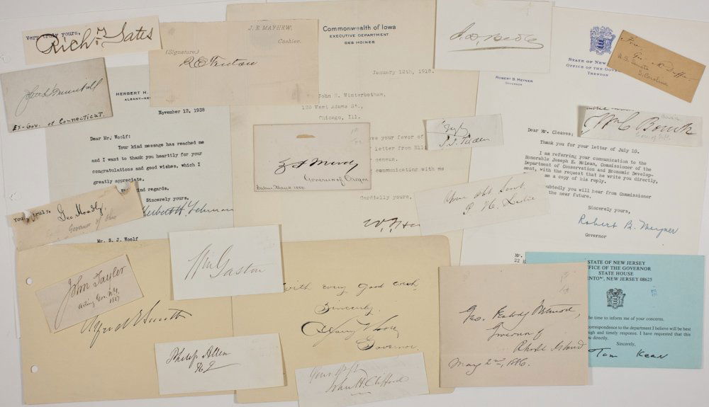 GOVERNORS: The signatures of 21 Governors, most in cut signature format (exception noted), includes: PHILIP ALLEN, JOSEPH DORSETT BEDLE, WILLIAM C. BOUCK, JOHN H. CLIFFORD, REUBEN FENTON, WILLIAM GASTON, WILLIAM
