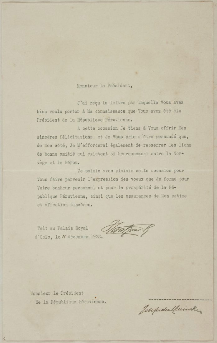 HAAKON VII: (1872-1957) King of Norway for nearly 52 years, remembered for his courage in the face of the German attack and invasion during World War II. T.L.S. "Haakon R", 1p. legal folio, Oslo, Dec. 11, 1933, i