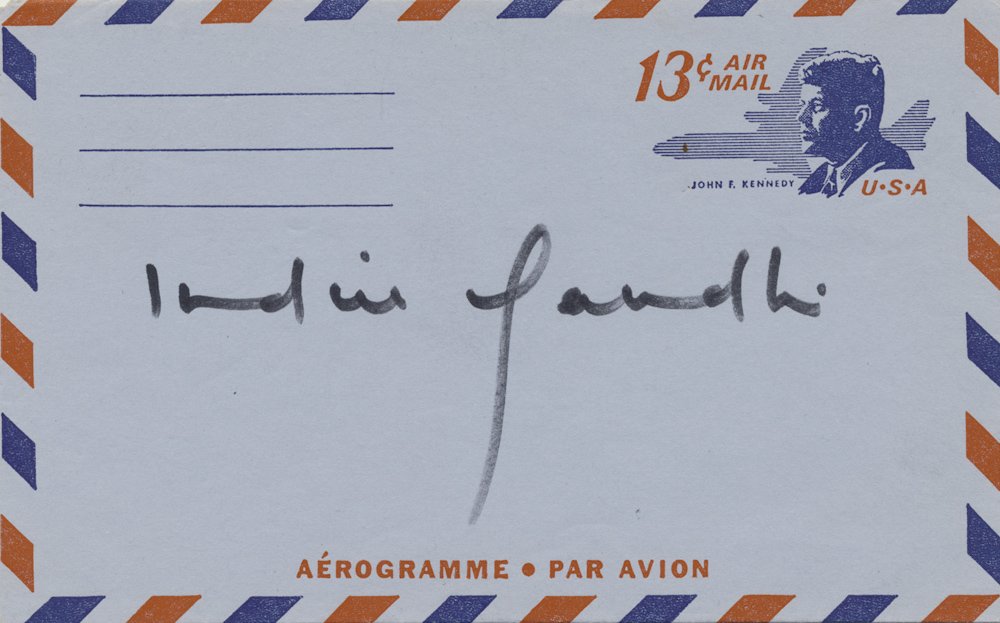 INDIRA GANDHI: (1917 - 1984) Indian Prime Minister who worked for better economic planning and social reform, assassinated. Bold signature on the face of a JFK commemorative air mail envelope. Fine.