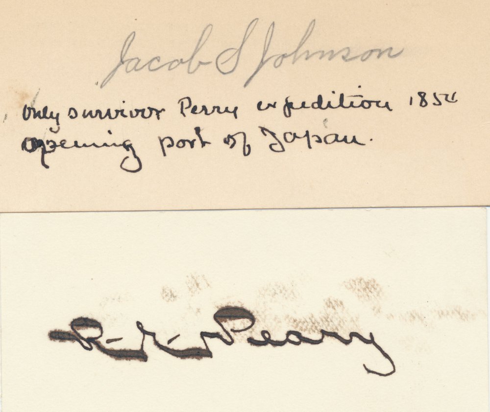 ROBERT E. PEARY: (1856 - 1920) American polar explorer who was the first man to attain the North Pole, arriving by sled on April 6, 1909. Bold signature on a small card a bit smeared. Mounted, overall good condition. 