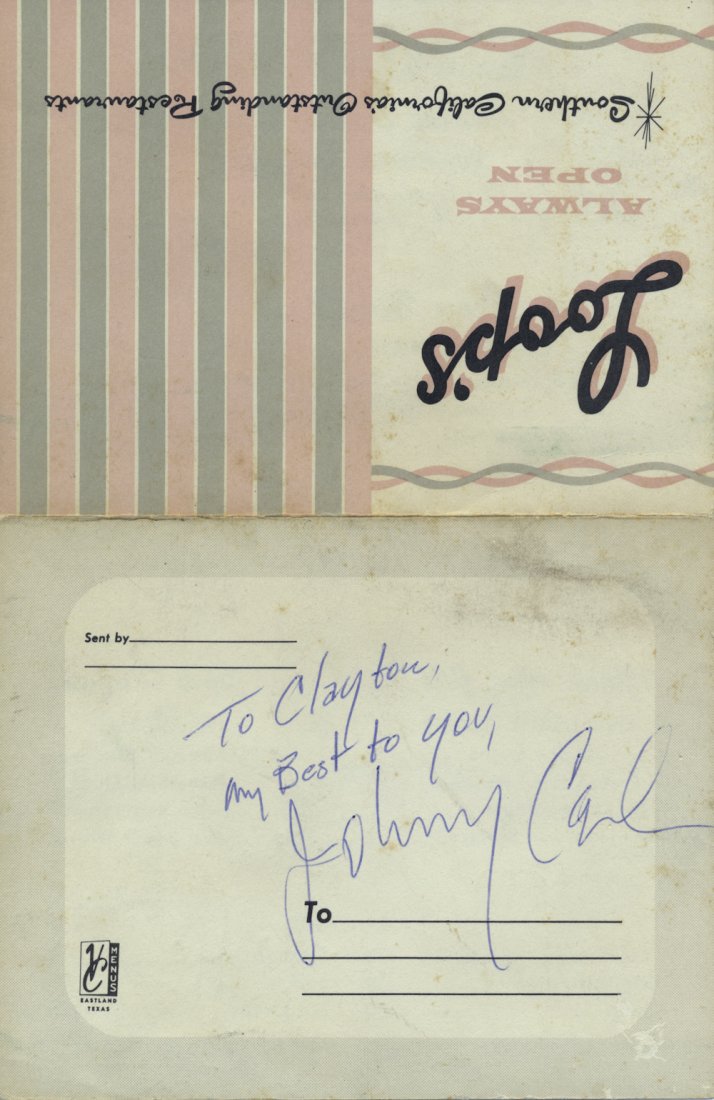 JOHNNY CASH: (1932-2003) American country music and rock music singer and songwriter and the husband of June Carter Cash. Quaint children's menu, 6" x 10" overall from a California restaurant chain, ca. 1960, bear