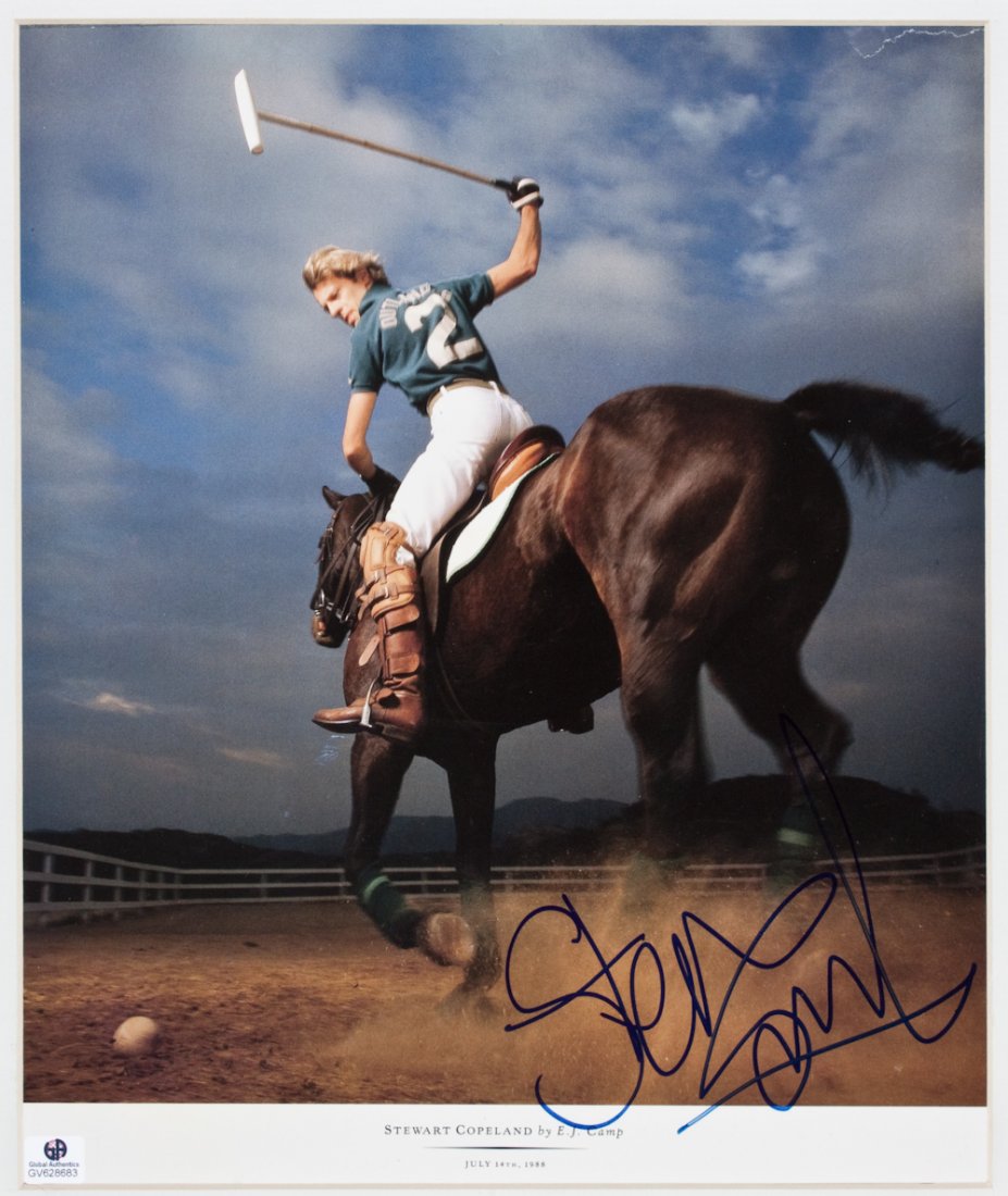 STUART COPELAND: (b. 1952) Drummer for the influential rock band The Police, considered by some one of the greatest of all time. S.P. 10" x 12" color, shows Copeland astride one of his polo horses mid-swing in 1988, b