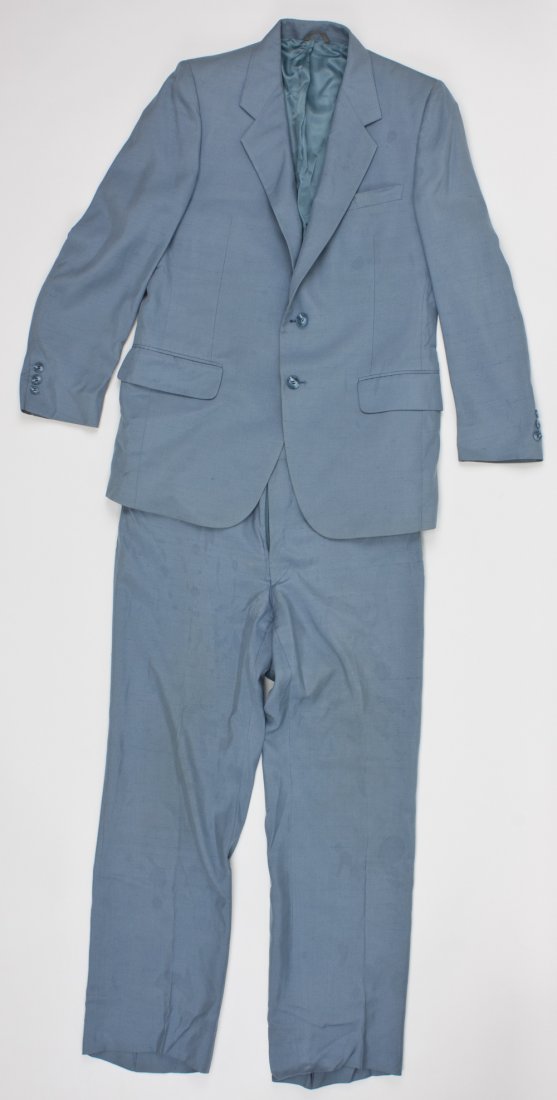 MICKEY COHEN'S POWDER BLUE SILK SUIT: MICKEY COHEN (1913 - 1976) American gangster who started his career as Bugsy Siegel's bodyguard, but said to have been absent at Siegel's death on orders from Meyer Lansky. Cohen later fought for cont
