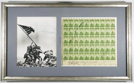 SHEET OF IWO JIMA STAMPS SIGNED BY 'FLAG RAISERS' AND IMPORTANT ALLIED LEADERS OF WORLD WAR II