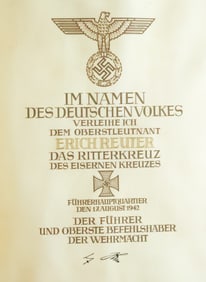 KNIGHTS CROSS AWARD WITH MAPPE AWARDED TO GENERALLEUTNANT ERICH REUTER