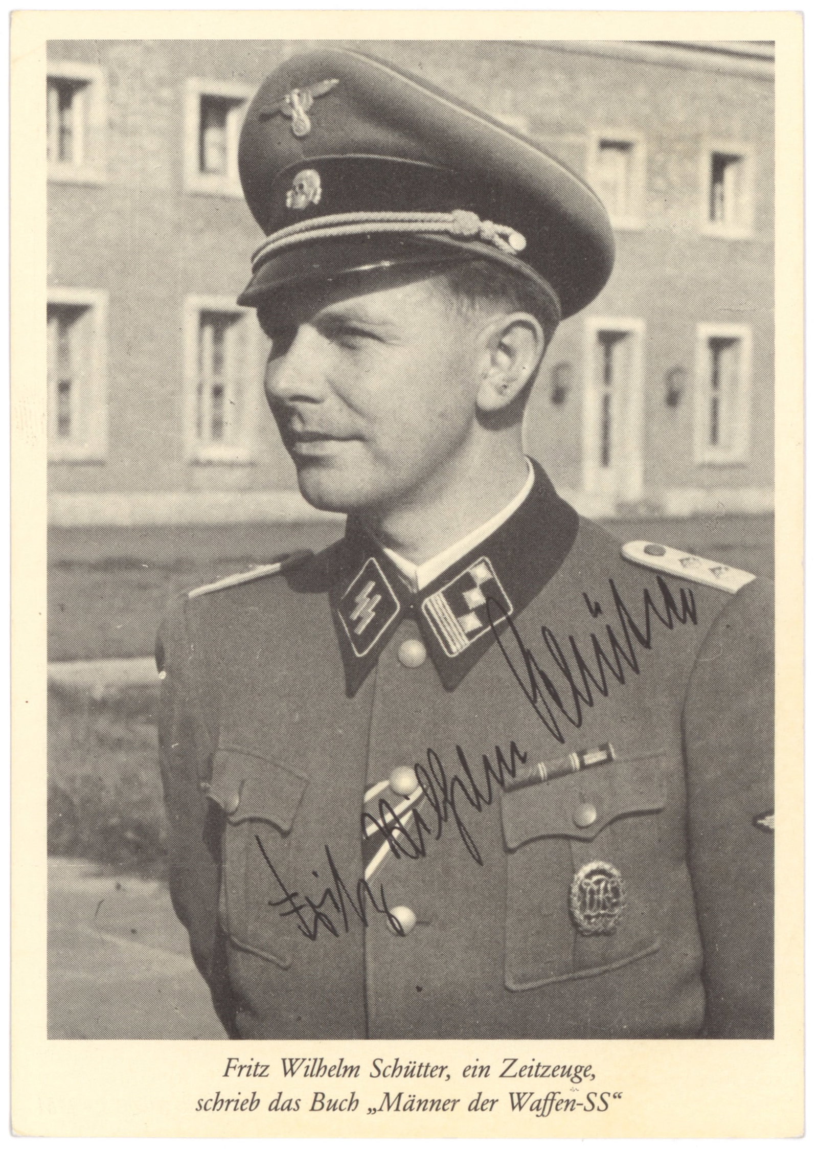 FRITZ WILHELM SCHUTTER: SS Cavalry Hauptsturmfuhrer and company commander, author of a prominent history of the SS: 'Manner der Waffen-SS'. S.P., 4 x 6 in. b/w, showing Schutter in SS uniform from the chest, up. Fine.