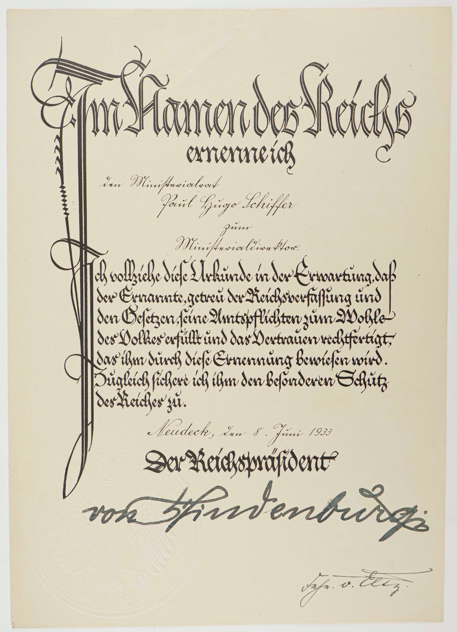 PAUL VON HINDENBURG: (1847-1934) German general and politician, crushed the Russians at Tannenberg and in Poland, forced to yield the Chancellor's office to Hitler in 1933. Partly-printed D.S. 1p. legal folio, Neudeck, Ju