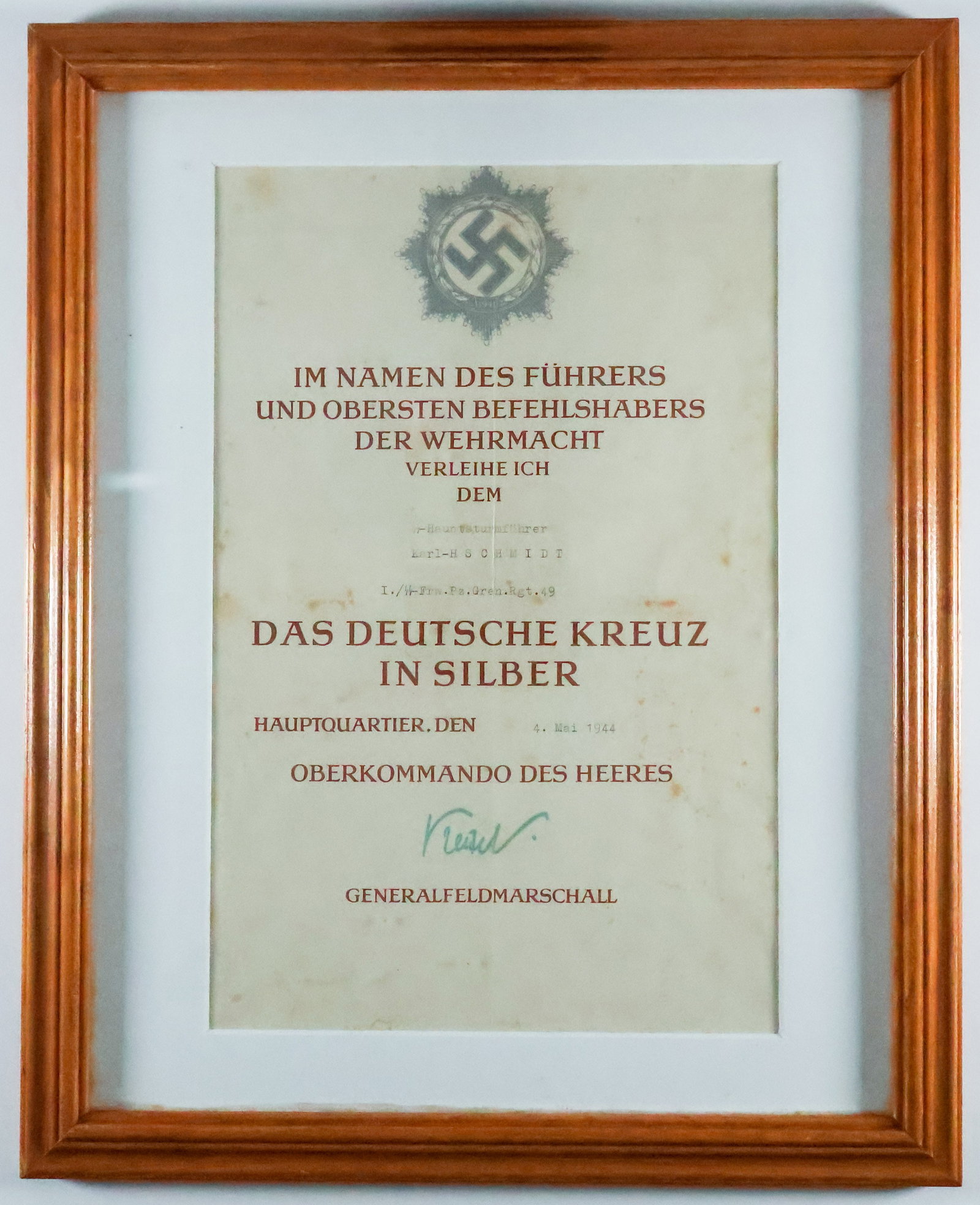 WILHELM KEITEL: (1882-1946) German field marshal and army chief of staff under Adolf Hitler, convicted of war crimes and executed at Nuremberg. Scarce partly-printed D.S. 1p. sm. folio, [Berlin], May 4, 1944. Ke