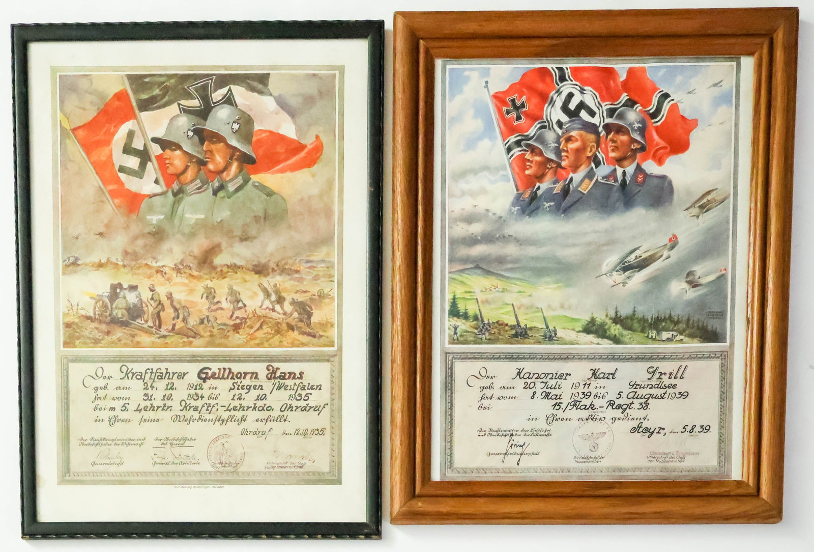 GERMAN MILITARY SERVICE AWARDS (2): Pair of colorful German service awards, each 12 x 16 in. and displaying exciting scenes of aerial and ground combat, one awarded to and infantryman who served from Oct. 31, 1934 to Oct. 12, 1935, the 