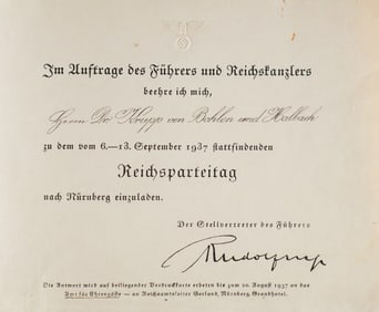 REICHS PARTY DAY INVITATION SENT TO ALFRIED KRUPP
