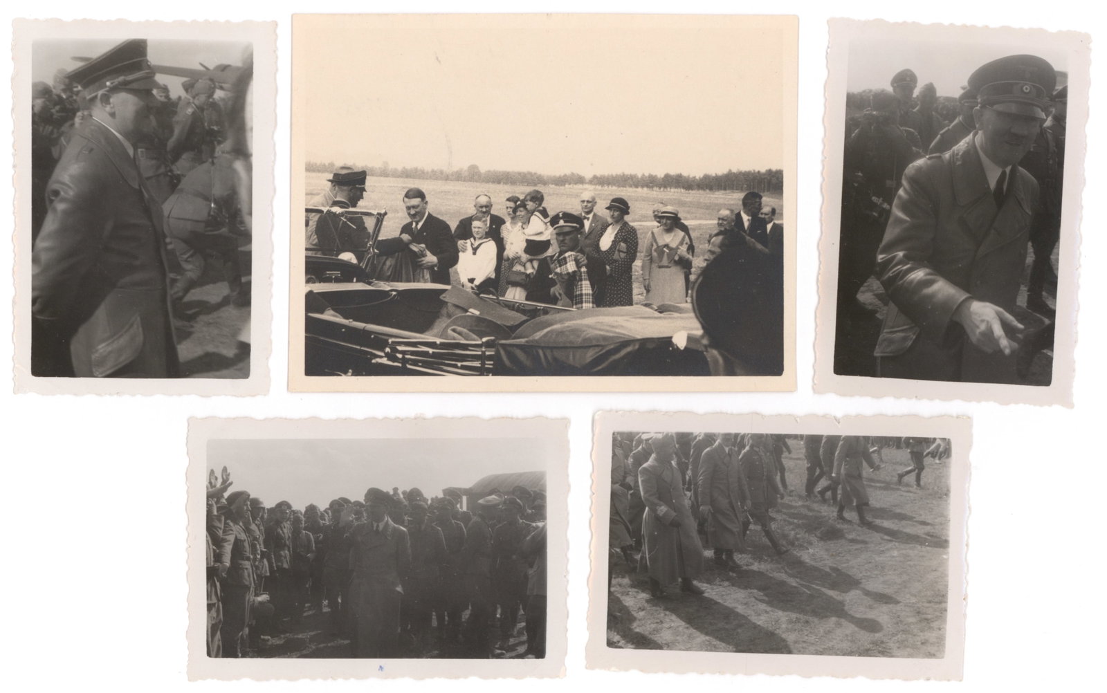 ADOLF HITLER: Lot of eleven small format photos, average size about 2 x 3 in., seven showing Hitler, two showing Benito Mussolini, most taken at an informal meeting at an unidentified airfield. Very good.