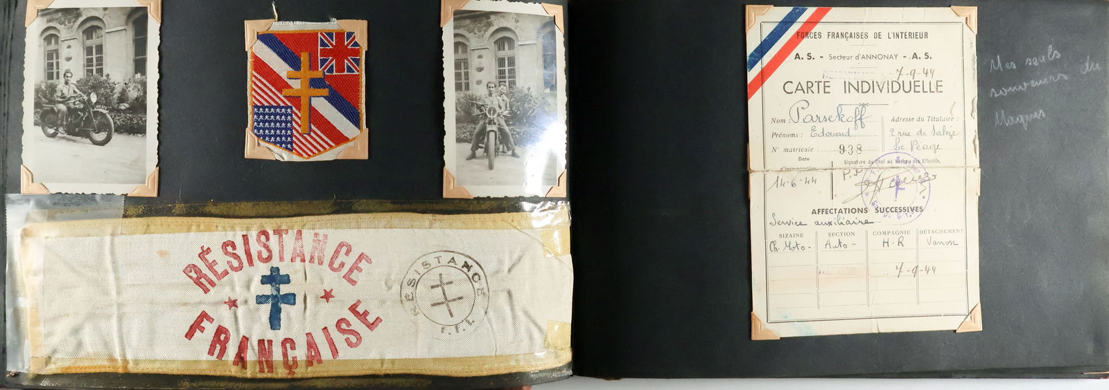 PHOTO ALBUM OF A VICHY FRENCH CITIZEN TURNED RESISTANCE FIGHTER: A large photo album, 79pp. oblong 4to., with over 300 b/w images of varying sizes showing a young French man through the war years in the region just south of Lyon. The album opens with largely family