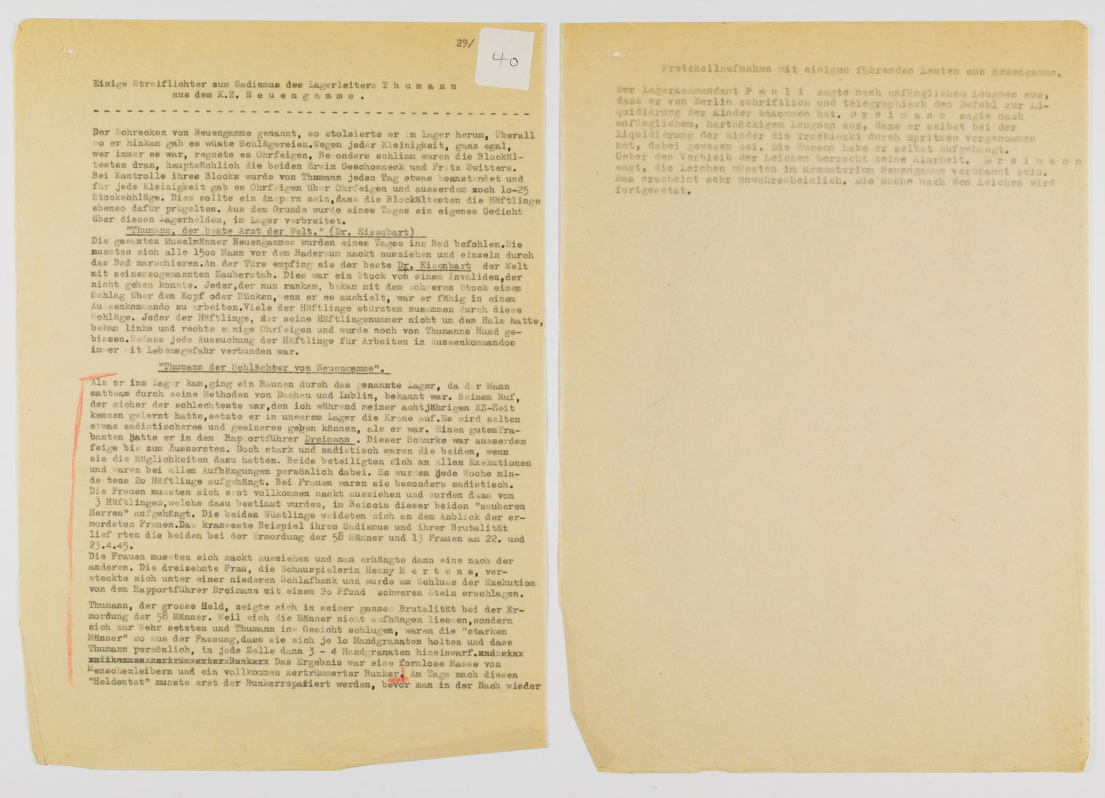 SS GUARD ANTON THUMANN REPORT: ANTON THUMANN (1912-1946) 'The Killer of Neuengamme,' SS guard at multiple concentration camps who was arrested, charged, and executed after the war for crimes against humanity. A contemporary typed t