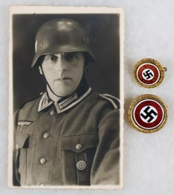 PAIR OF IDENTIFIED GOLD NSDAP BADGES (2) NAMED TO THE SAME MAN