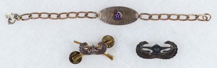 U.S. ARMY AIR CORP GLIDER BADGES AND I.D. BRACELET (3)
