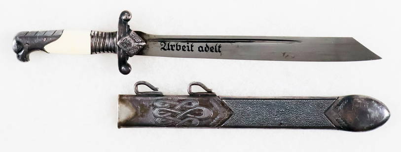 MINIATURE R.A.D. OFFICER&#8217;S HEWER BY ALCOSO: A rare miniature German RAD officer&#8217;s dagger by ALCOSO (Alexander Coppel), 5 in. blade, 7.5 in. overall, with an eagle-head pommel and an off-white layered natural material grip with a crossguar