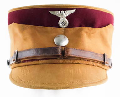 GRUPPE WESTFALEN S.A. KEPI: S.A. kepi once owned and worn by a member of the S.A. Gruppe Westfalen, brown twill body with burgundy trim at top, silver button and correct S.A. cap eagle affixed at front. Original leather chin