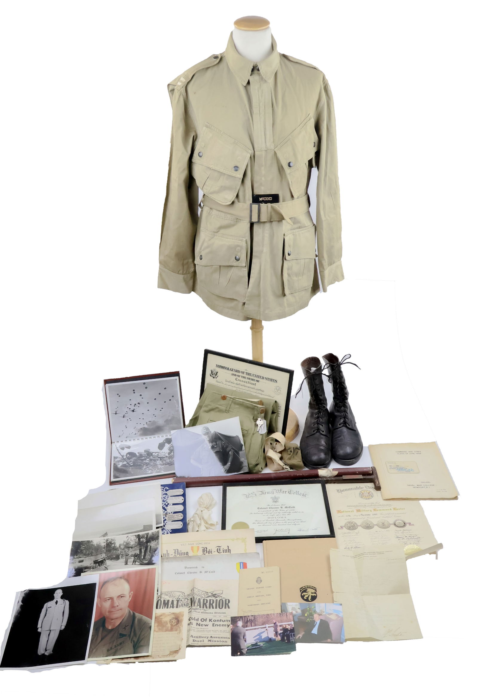 D-DAY JUMP JACKET AND BOOTS OF COL. CHESTER B. MCCOID: CHESTER B. MCCOID (1922-2000) American Army officer, a combat infantryman in World War II, Korea and Vietnam. McCoid was one of only 294 three-time holders of the prestigious Combat Infantry Badge. Du