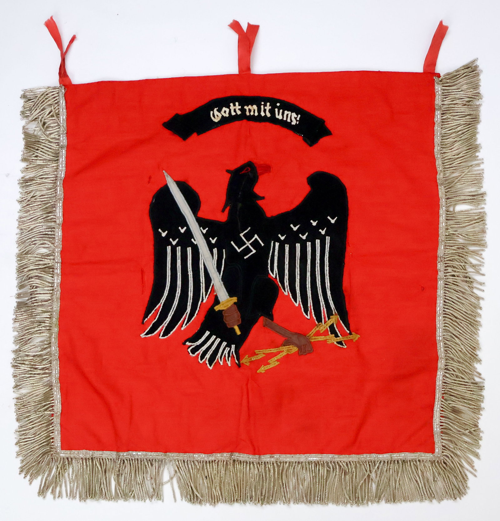 NAZI POLICE TRUMPET BANNER: Rare trumpet banner representing, a 17 in. x 17 in. multi-pieced trumpet banner bearing the post-1933 Prussian coat of arms eagle with a swastika on its chest, and clutching a sword in one talon and t