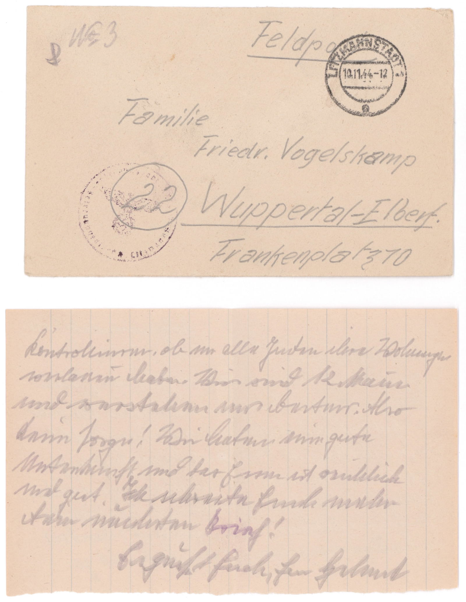 LETTER FROM GERMAN GUNNER KILLED IN ACTION 1944 (1 of 3)