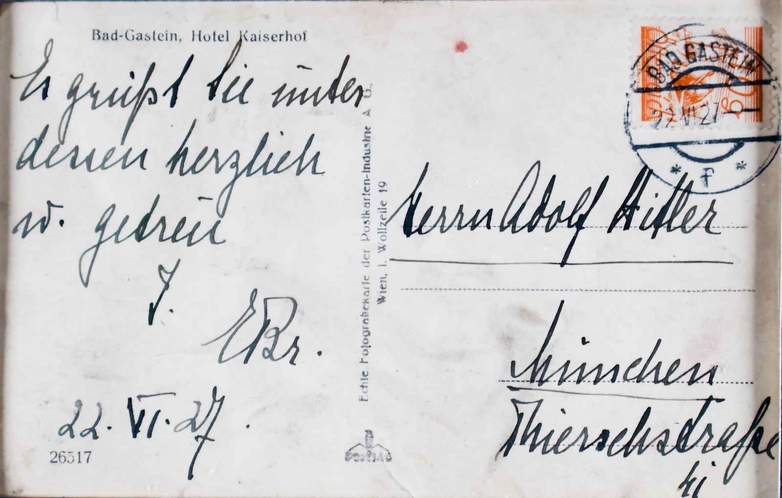 A POSTCARD SENT TO ADOLF HITLER: Early picture postcard mailed to Adolf Hitler in Munich from the Hotel Kaiserhof in Bad Gastein, pictures the hotel on one side with some friendly commentary about the margins, the message area bearin
