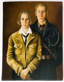 WERNER PIENER OIL PAINTING OF HITLER YOUTH IN BDM AND HJ UNIFORMS