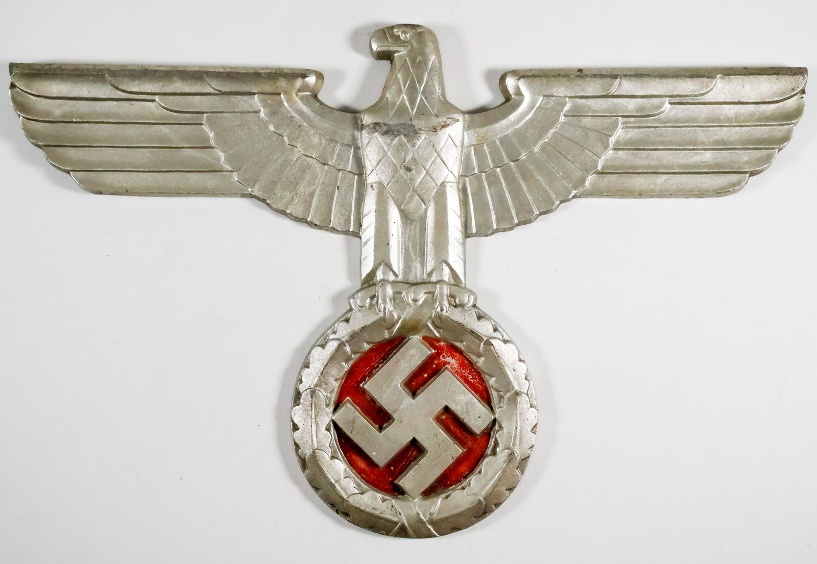 GERMAN REICHSPOST EAGLE: Rare Deutsche Reichspost eagle, typically displayed on the front of German Reichspost trucks, vans, and also appear on street trolleys, this smaller cast aluminum alloy eagle, 15.75 in. wide x 10.25 i